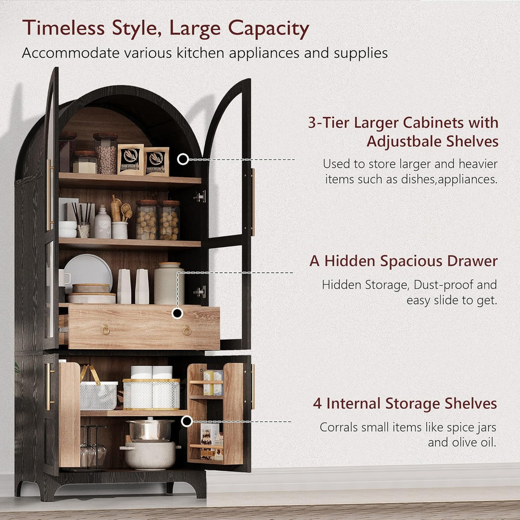 Kitchen Pantry Cabinet, 71" Tall Arched Kitchen Storage Cabinet Wood Farmhouse Kitchen Storage Cabinets with Glass Door, Adjustable Shelves, Hidden Drawer Versatile Cupboard for Kitchen (BLACK)