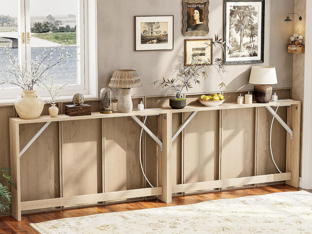 TIQLAB 5.9 Inch Narrow Console Table with Power Outlet,Sofa Table Set of 2，Total Length 94'' Sofa Table Behind Couch，for Entryway&Living Room, Light Walnut
