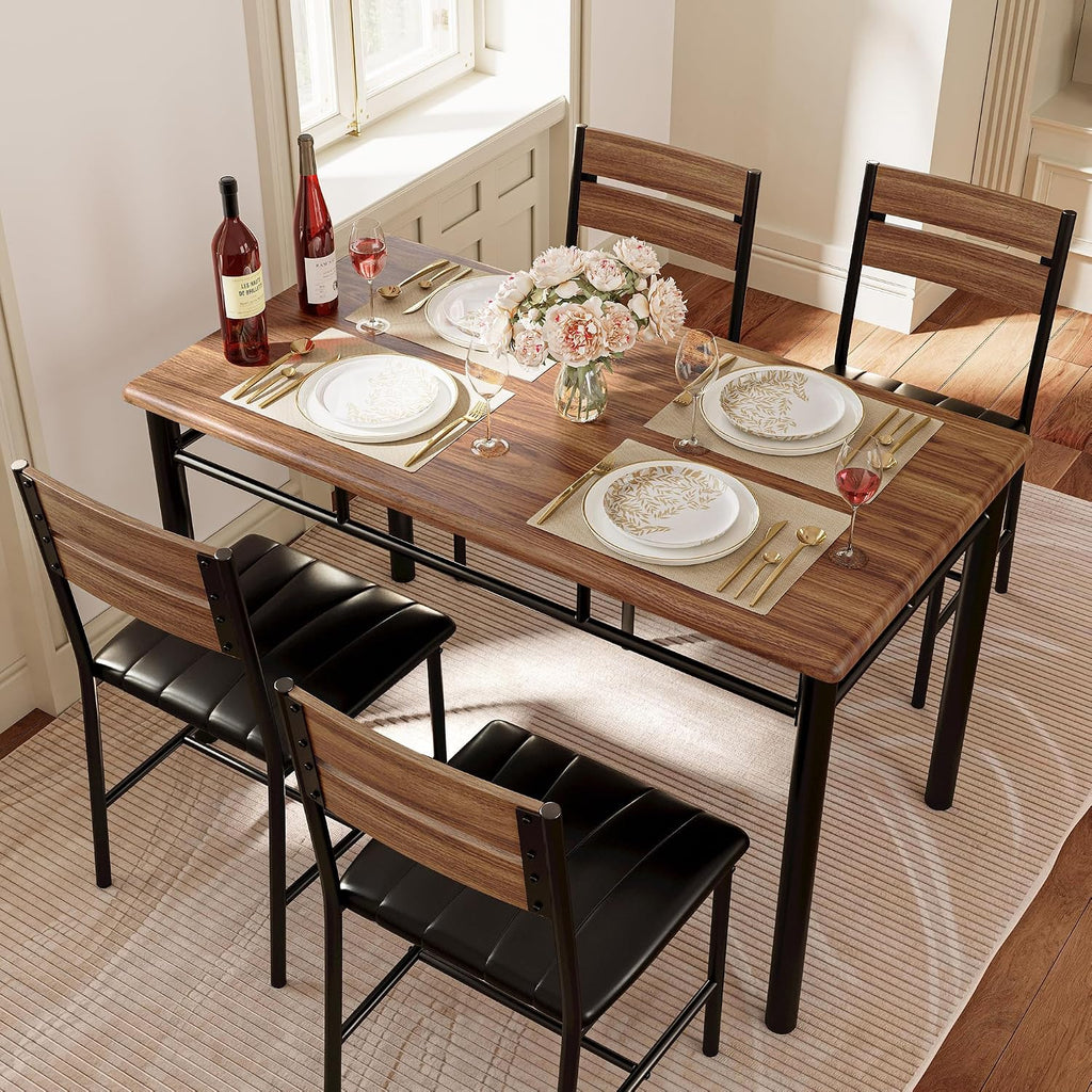 IRONCK Dining Table Set for 4, Walnut | Wood Kitchen Table with Upholstered Chairs for Kitchen Room and Small Spaces