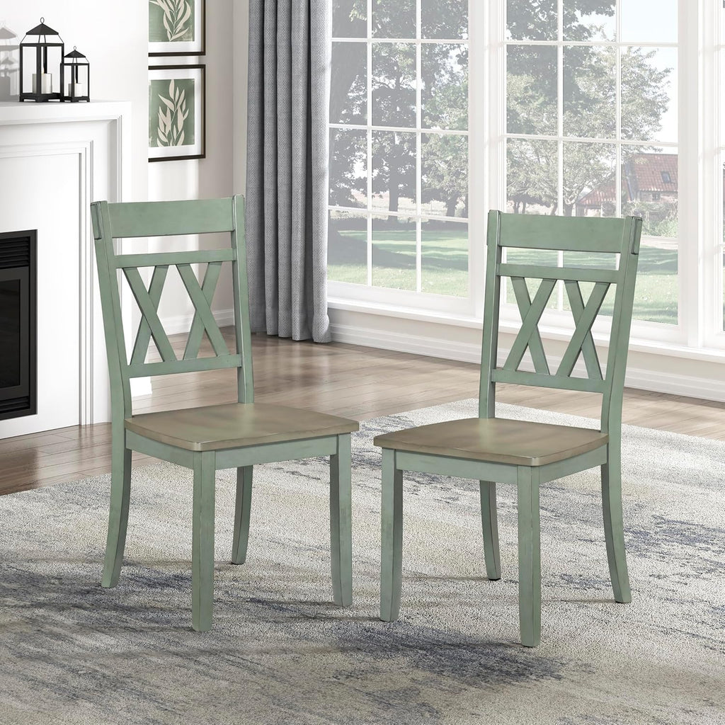 Lexicon Wood Dining Chair, Set of 2, Greywash/Antique Teal | Double Cross Back, Rustic Armless Chairs, Kitchen and Dining Room Furniture, Two-Tone Finish
