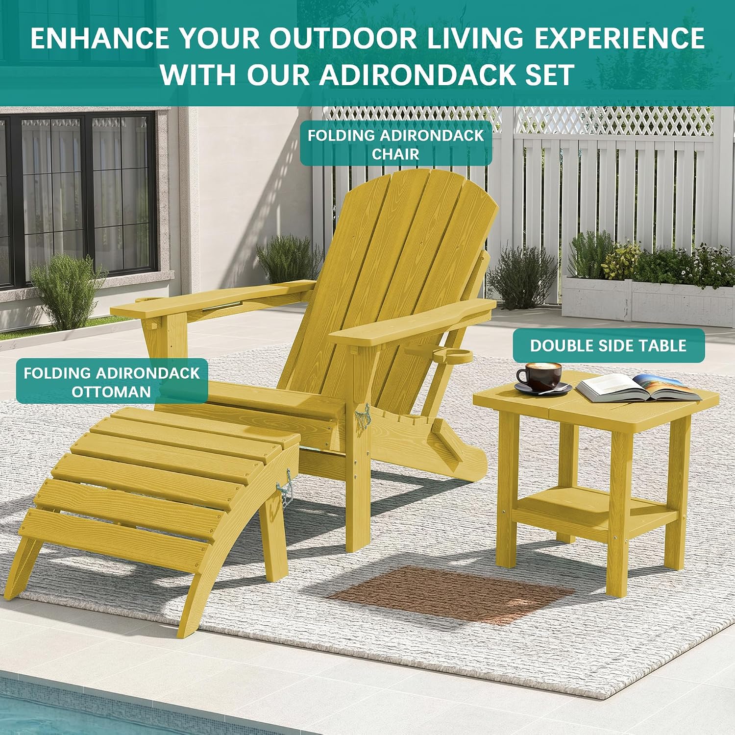 PLUUV Folding Adirondack Ottoman Footrest, All-Weather HDPE Outdoor Footstool for Adirondack Chair, Foldable Ottoman for Patio Backyard Pool Deck, Yellow