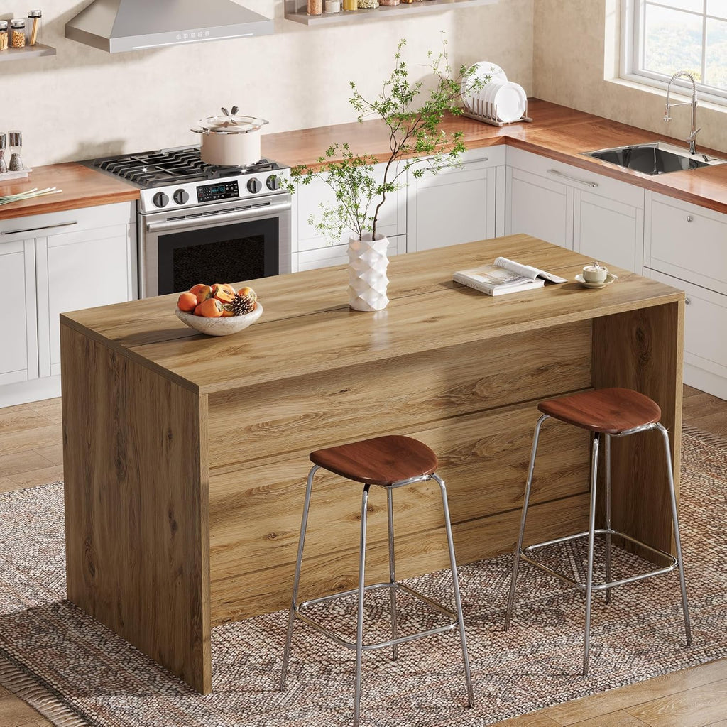 Tribesigns 59-Inch Kitchen Island with Storage, 3-Tier Farmhouse Stationary Island Table with Large Worktop & Seating Area, Rectangular Breakfast Counter for Kitchen, Dining Room, Light Wood