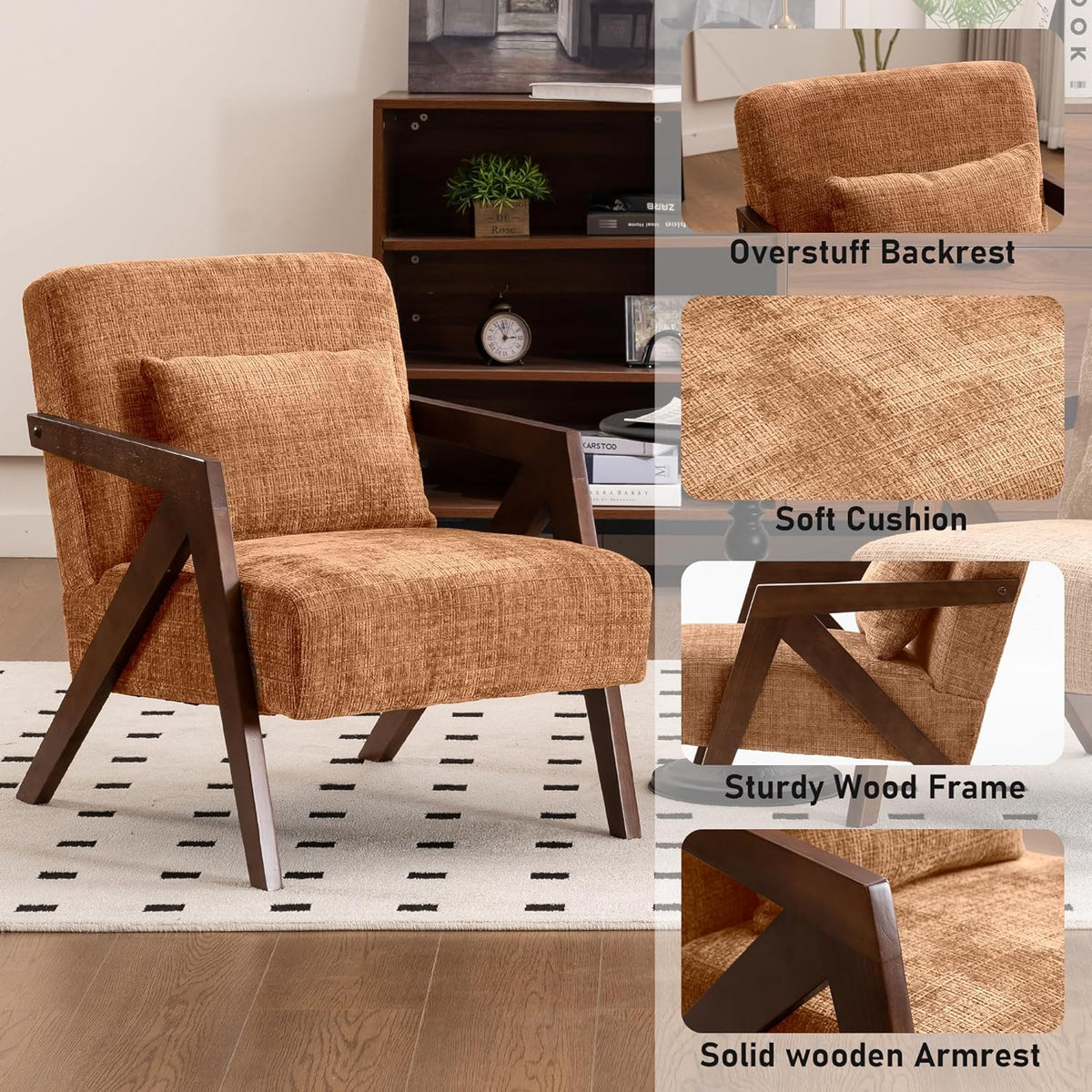 Mid-Century Modern Accent Chair Set of 2 with Solid Wood Frame，Upholstered Chenille Living Room Arm Chairs with Pillow for Bedroom, Living Room, Reading Room, Balcony, Brown