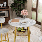 3 Pieces Round Bar Table Set, Small Dining Table for 2 Faux Marble Tabletop | Kitchen Bar Table, 2 Stools with Backrest, Breakfast Table with Storage, Round Tabletop