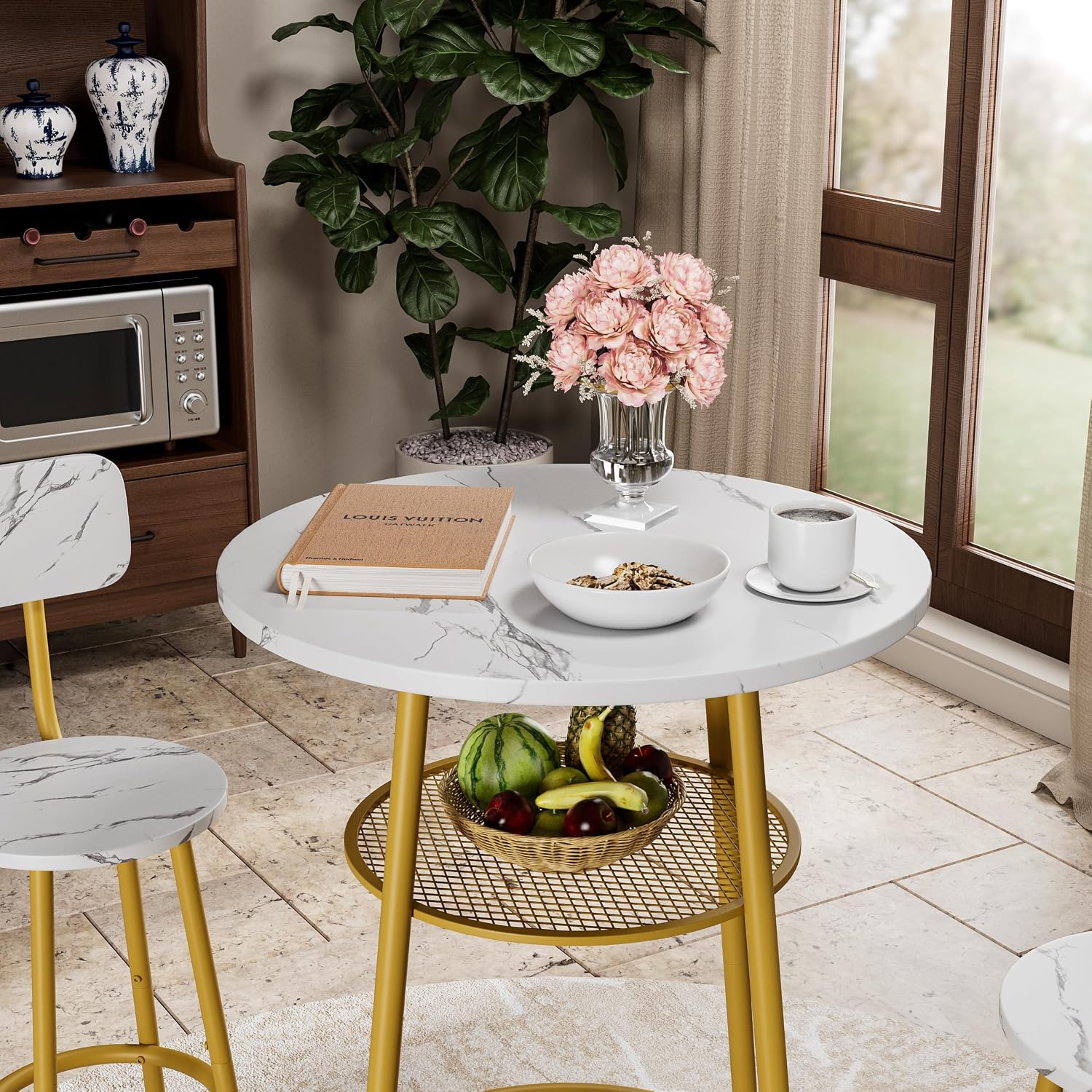 3 Pieces Round Bar Table Set, Small Dining Table for 2 Faux Marble Tabletop | Kitchen Bar Table, 2 Stools with Backrest, Breakfast Table with Storage, Round Tabletop