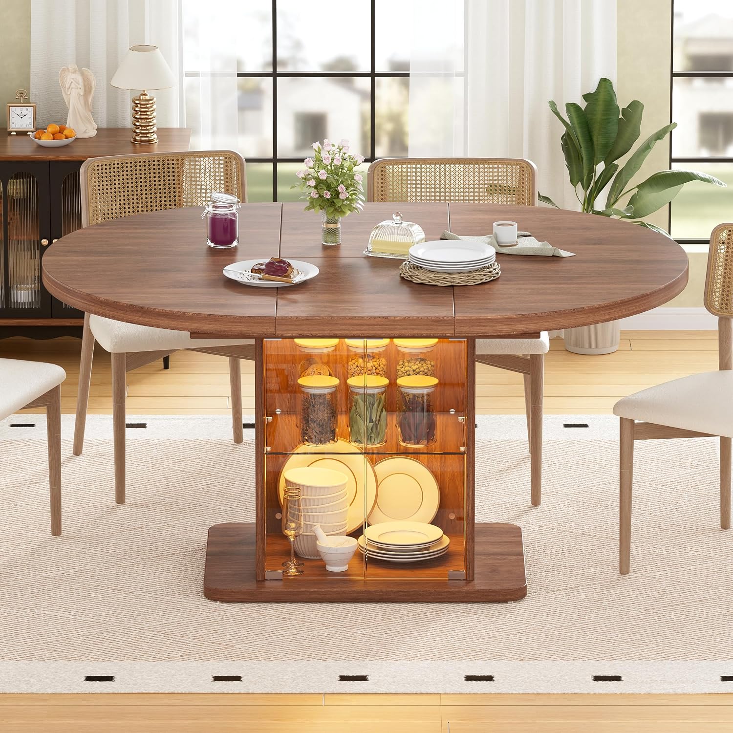 43.3"-59" Extendable Round Dining Table for 4-8 with Dust-Proof 2-Tier Storage Shelf, Space-Saving Expandable Dining Room Table with Lights, Wood Oval Circle Dining Table for Kitchen, Walnut