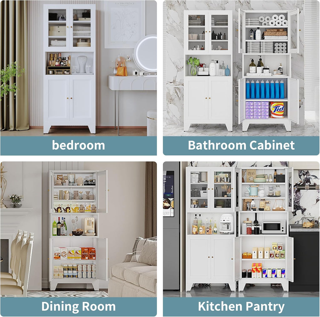 69" Tall Metal Pantry Cabinet with Microwave Stand,Microwave Storage Cabinet with 4 Doors & 3 Adjustable Shelves for Kitchen (4 Glass Doors-White, 13.78" D x 27.54" W x 68.9" H)