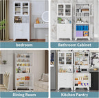 69" Tall Metal Pantry Cabinet with Microwave Stand,Microwave Storage Cabinet with 4 Doors & 3 Adjustable Shelves for Kitchen (4 Glass Doors-White, 13.78" D x 27.54" W x 68.9" H)
