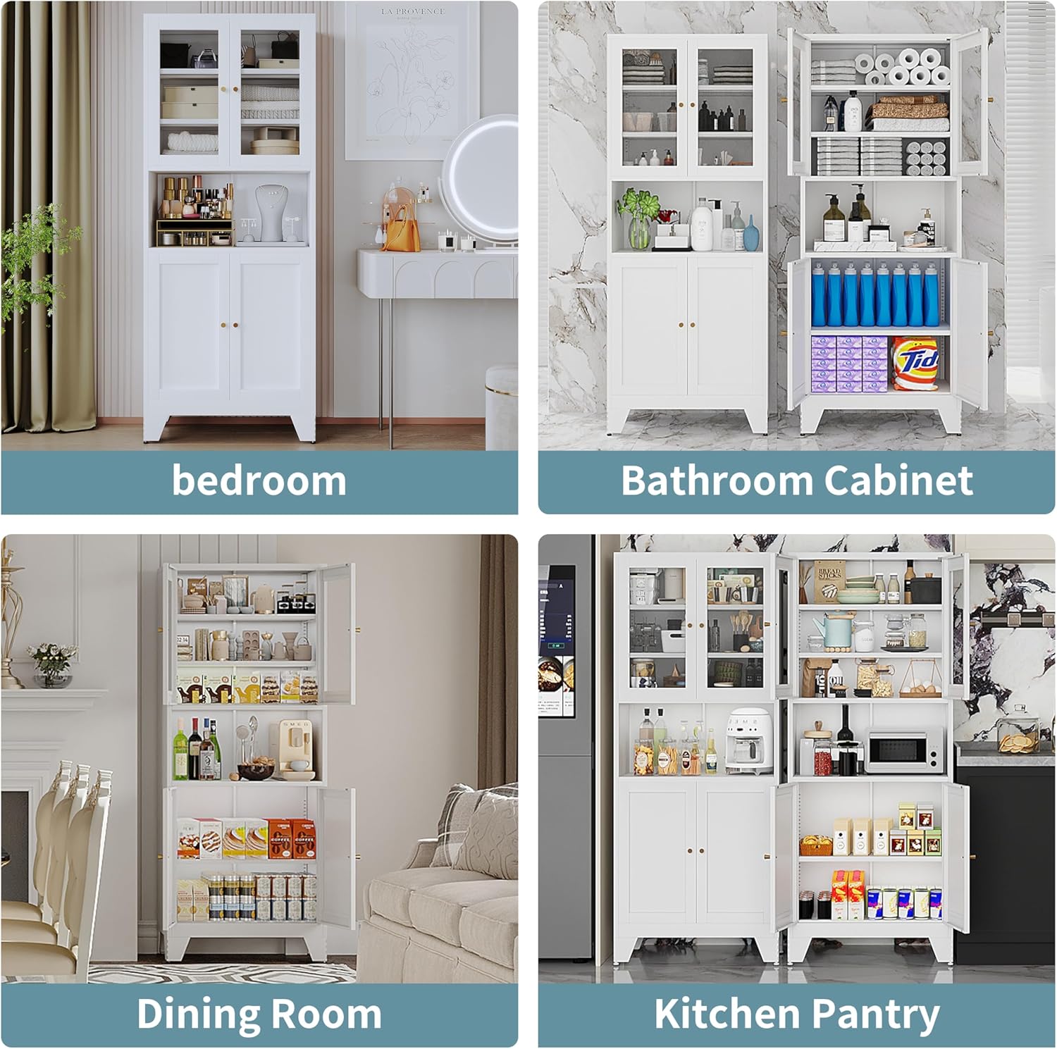 69" Tall Metal Pantry Cabinet with Microwave Stand,Microwave Storage Cabinet with 4 Doors & 3 Adjustable Shelves for Kitchen (4 Glass Doors-White, 13.78" D x 27.54" W x 68.9" H)