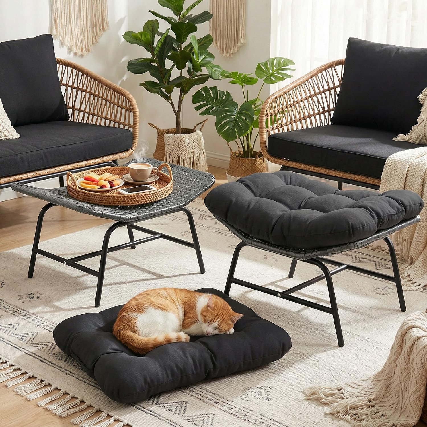 BULEXYARD 2 Pieces Outdoor Patio Ottomans, Multipurpose All Weather PE Rattan Ottoman Set, Indoor Outdoor Wicker Footrest with Removable Thicken Padded Cushions (Grey)