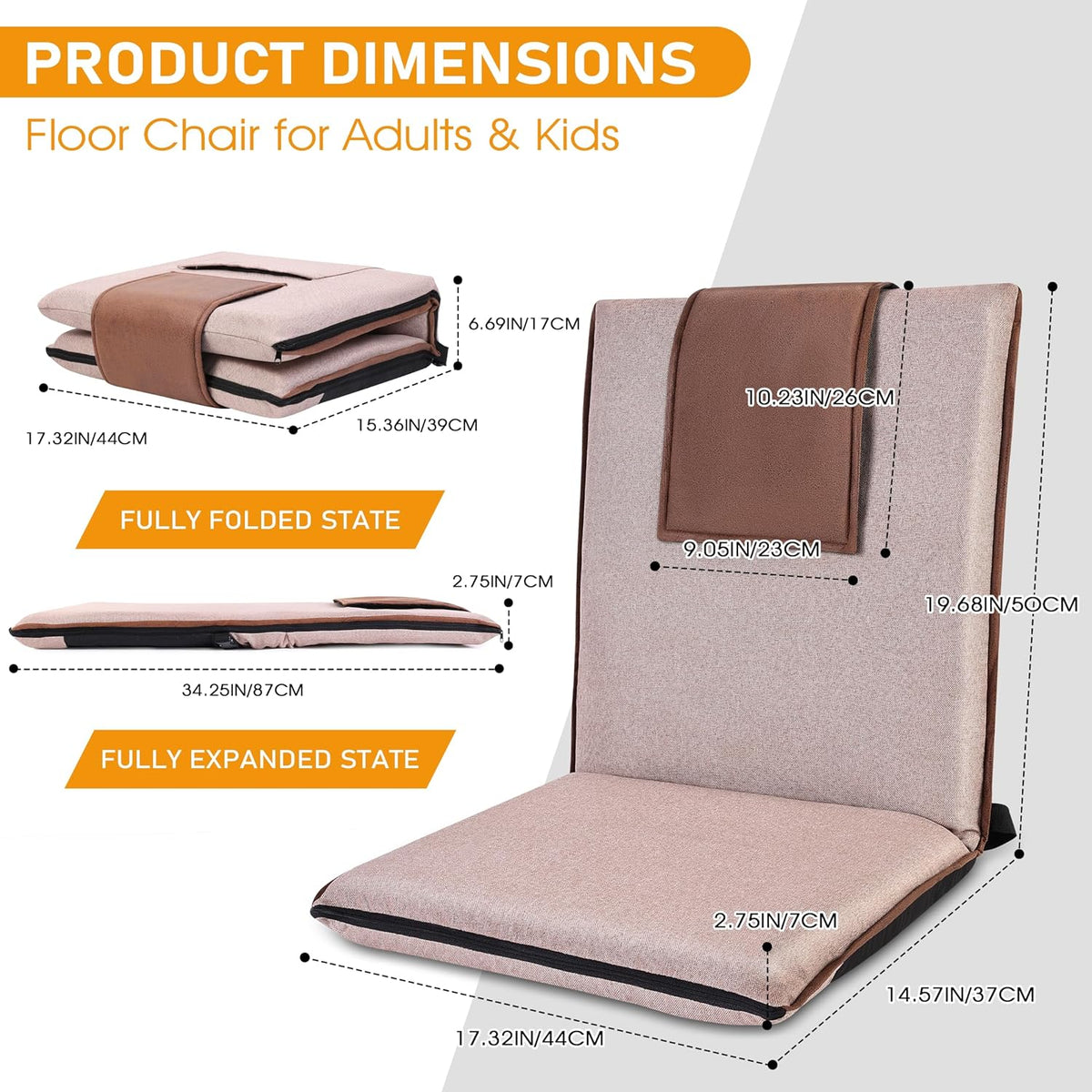 Adjustable Floor Chair with Back Support Foldable Meditation Seat, Coffee | 14-Position Adjust, 330lbs Weight Capacity, Washable Cover, Sturdy Bearings, Ground Seat for Adults, Portable for Meditation