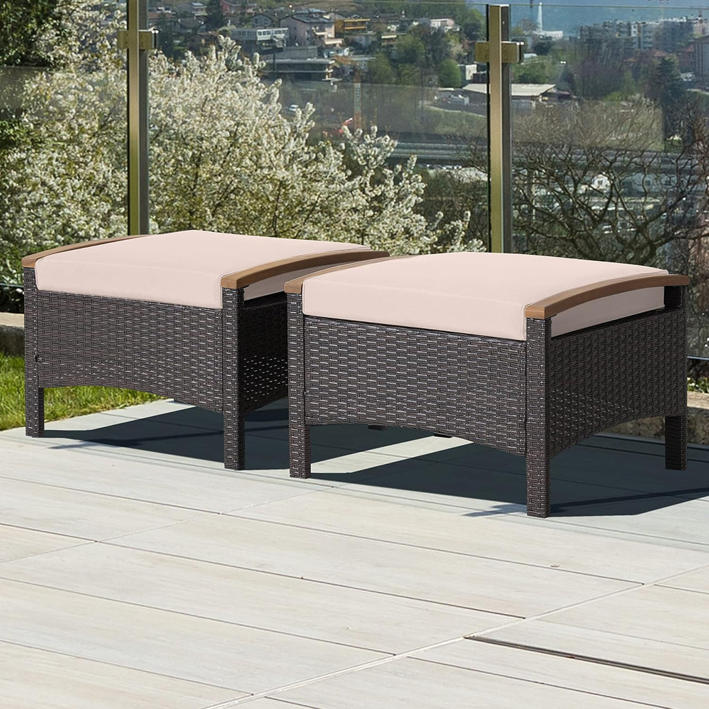 HAPPYGRILL Set of 2 Outdoor Patio Ottoman PE Rattan Wicker Ottomans with Removable Cushions and Solid Acacia Wood Handle Outdoor Footstool Footrest Set Seats and Side Table Set