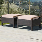 HAPPYGRILL Set of 2 Outdoor Patio Ottoman PE Rattan Wicker Ottomans with Removable Cushions and Solid Acacia Wood Handle Outdoor Footstool Footrest Set Seats and Side Table Set