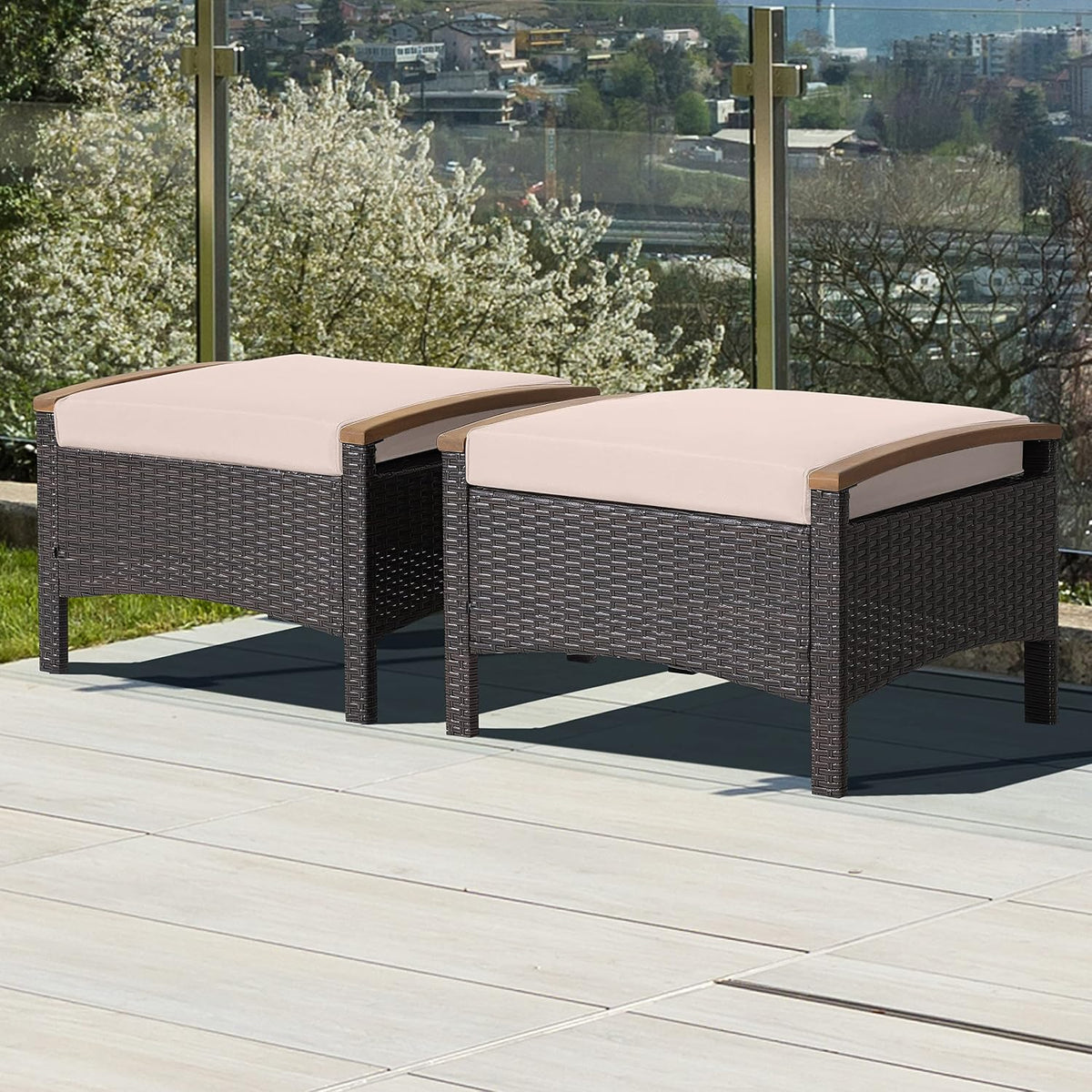 HAPPYGRILL Set of 2 Outdoor Patio Ottoman PE Rattan Wicker Ottomans with Removable Cushions and Solid Acacia Wood Handle Outdoor Footstool Footrest Set Seats and Side Table Set