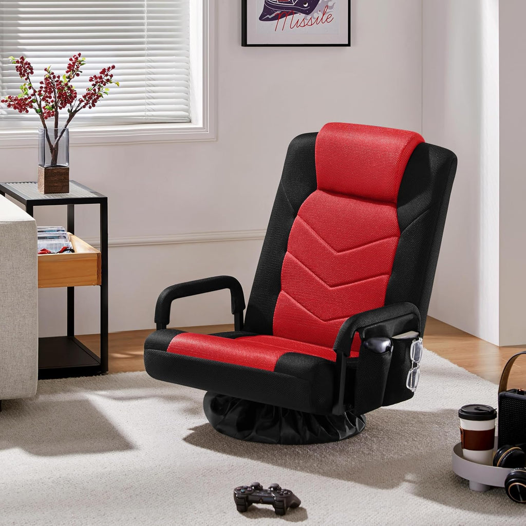 Yaheetech Floor Gaming Chair High-Back Swivel Adjustable Folding Seat Red | Foam-padded polyester mesh seat on an iron frame swivels 360°, reclines for gaming or TV, and folds flat for easy storage.