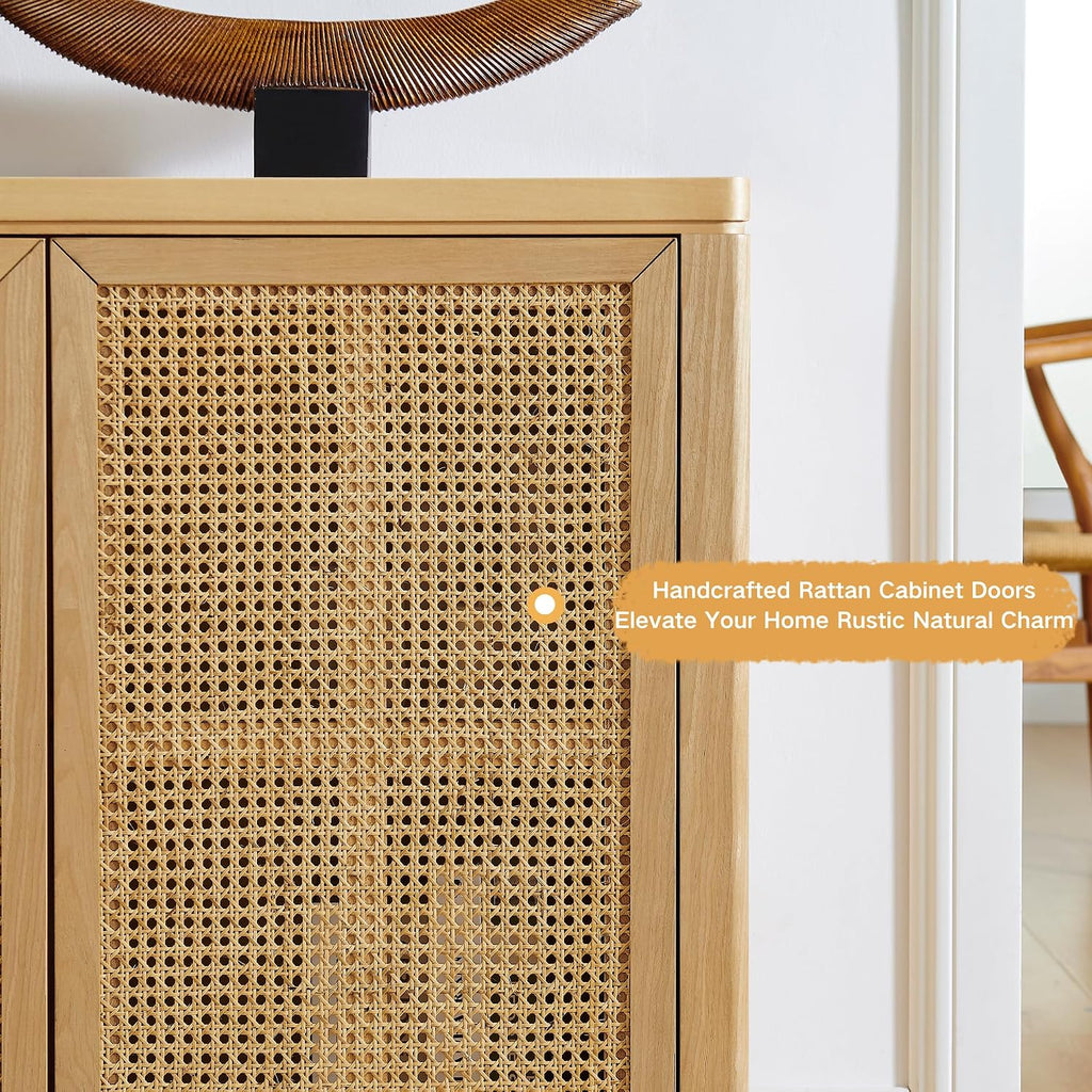 LKTART Small Sideboard Buffet Cabinet,Thin Kitchen Storage Cabinet with 2 Rattan Doors,Boho Wooden Console Table for Living Room,Entryway(39.4" Natural)