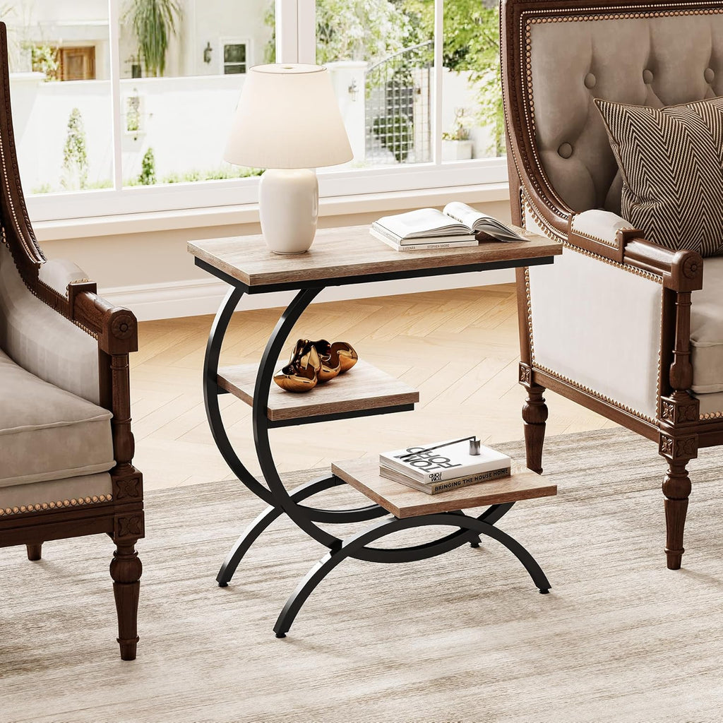 LITTLE TREE End Table, Narrow End Table with 3 Storage Shelves, Industrial C-Shaped Small Sofa Side Table for Living Room, Wood Slim Snack Table with Black Metal Frame, Oak