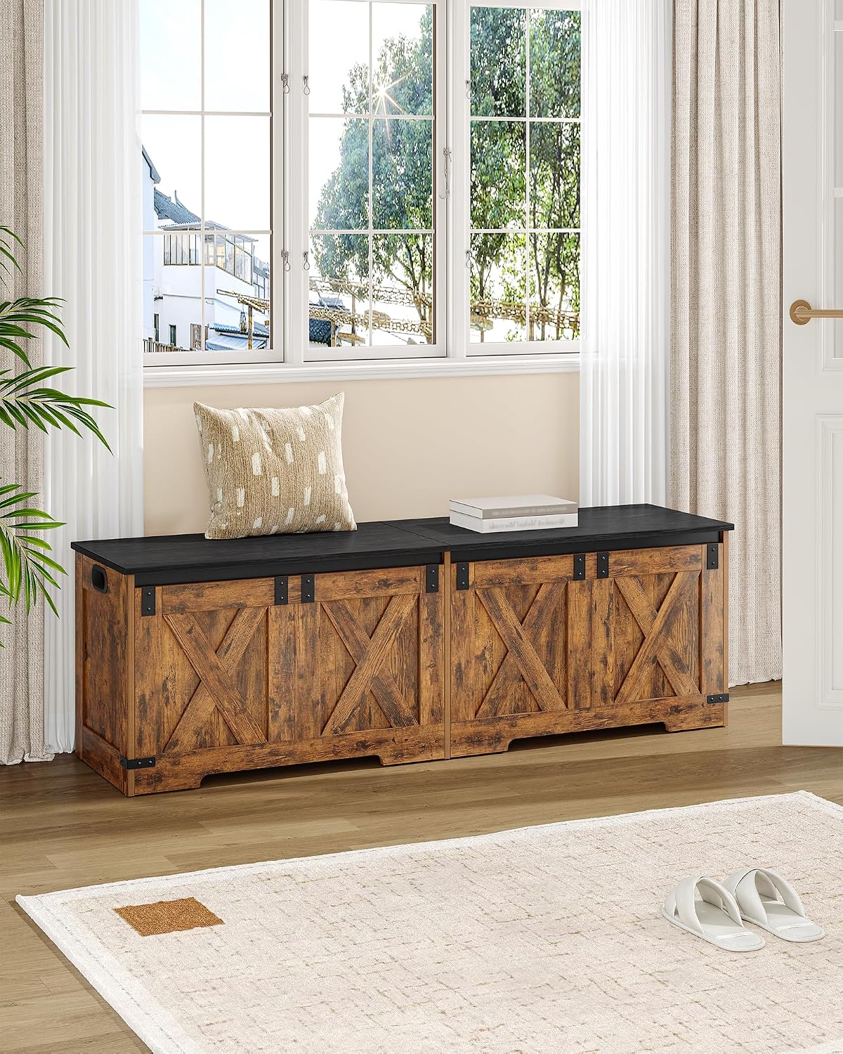 Hzuaneri 59" Farmhouse Storage Chest and Bench | 70 Gal | 330lb Seat | Soft-Close Hinges | Rustic Brown | Shoe and Blanket Storage for Bedroom, Living Room, Entryway | Easy Assembly | SB15001X