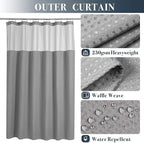 N&Y HOME Long Waffle Weave Shower Curtain with Snap-in Fabric Liner and 12 Hooks Set - 71" x 78", Hotel Style & Mesh Top Window, Machine Washable, Water Repellent - 71x78, Gray