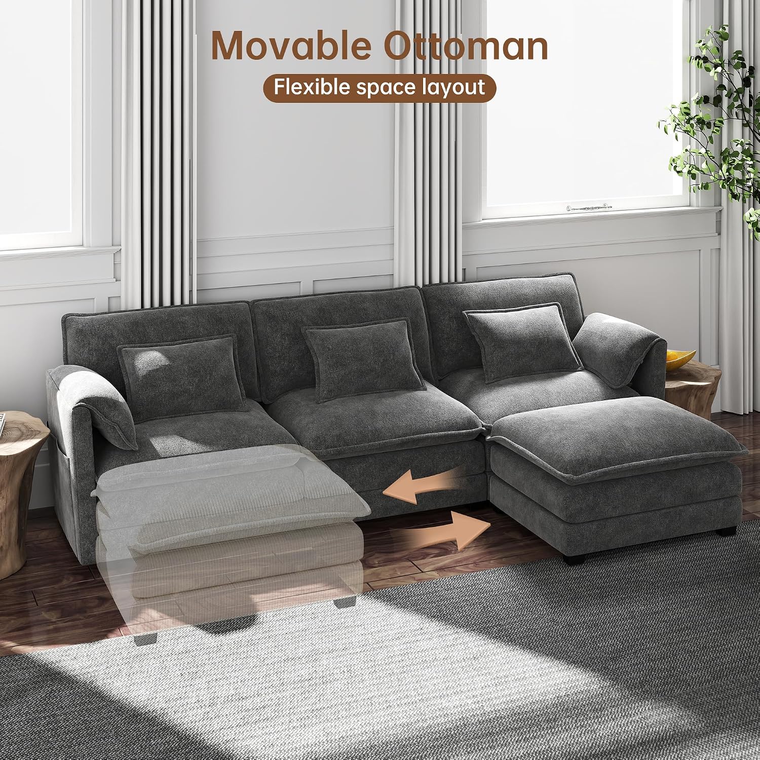 Modular Sectional Sofa, 111'' U Shaped Couch, Chenille Sofa with Movable Ottoman for Apartments, Living Room and Commercial Space, Dark Gray