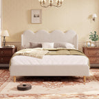 Garvee Chenille Upholstered Queen Bed Frame, Wingback Design, Beige