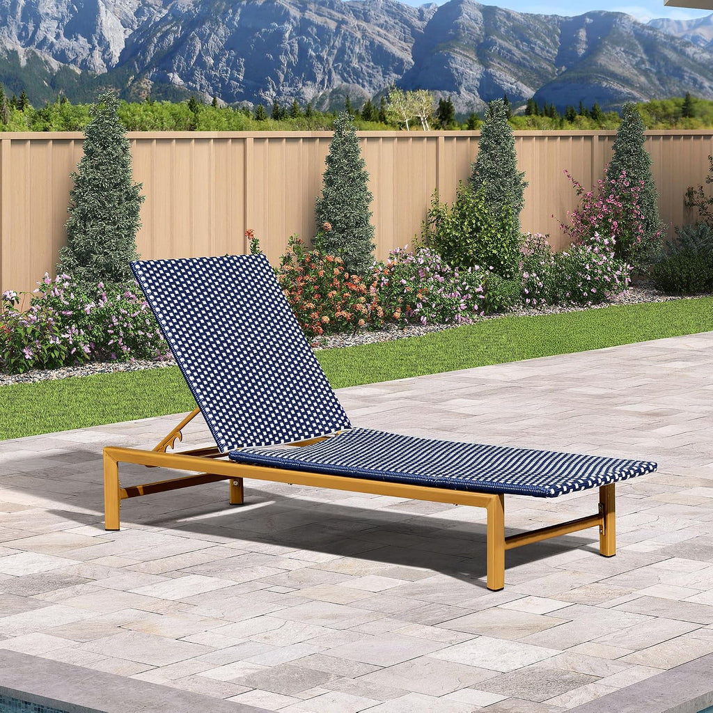 PURPLE LEAF 1 Piece French Patio Chaise Lounge Rattan Teak Frame, Navy | All-weather PE Wicker, Wood-Grain Aluminum Frame, 5 Adjustable Positions, Non-Slip Pads, 440 lbs Capacity, For Pool, Garden