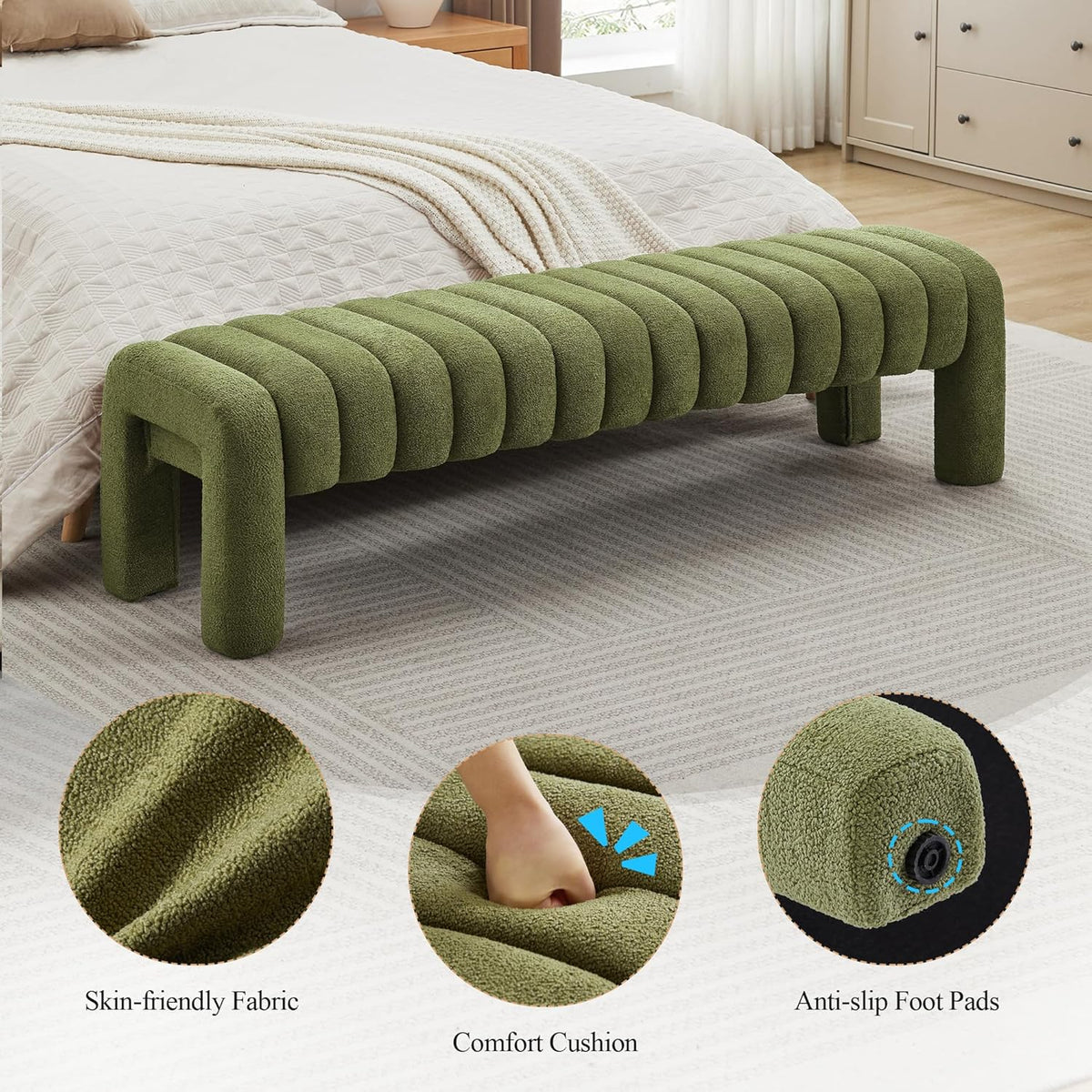 43’’ Bedroom Bench, Upholstered End of Bed Bench with Solid Wood Legs, Modern Small Dining Bench with Full Covered Fabrics for Entryway, Bedroom, Living Room (Green, Boucle)