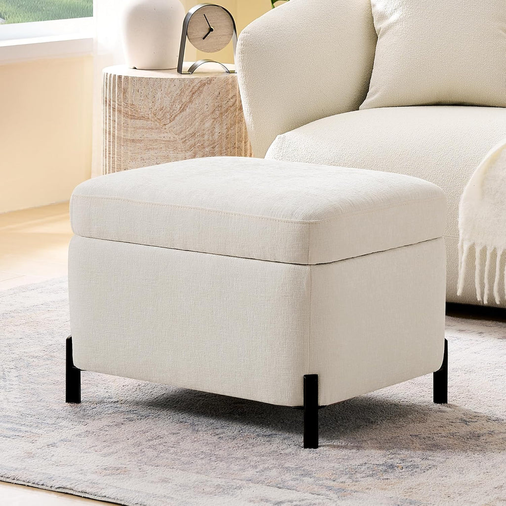 Zihanhome Chenille Storage Ottoman with Lift-Top Lid, Upholstered Ottoman Bench & Foot Rest, Hidden Storage Footstool with Matte Black Metal Legs for Living Room, Bedroom, Entryway (White)