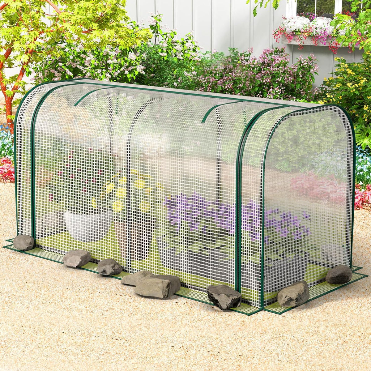 Mini Greenhouse, 47" x 22" x 24" Portable Greenhouse with Roll-Up Door, Ground Stakes, Metal Frame, Waterproof & Sun-Protective PE Cover, Small Green House for Outdoors & Indoors (White)