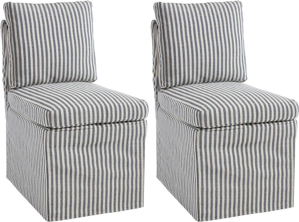 Kmax Slipcovered Dining Chairs Set of 2, Modern Upholstered Armless Kitchen Chair, Accent Single Sofa Chair for Diningroom Livingroom, Blue Stripe