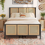 LIKIMIO Queen Bed Frame, Platform Bed Frame with Rattan Headboard