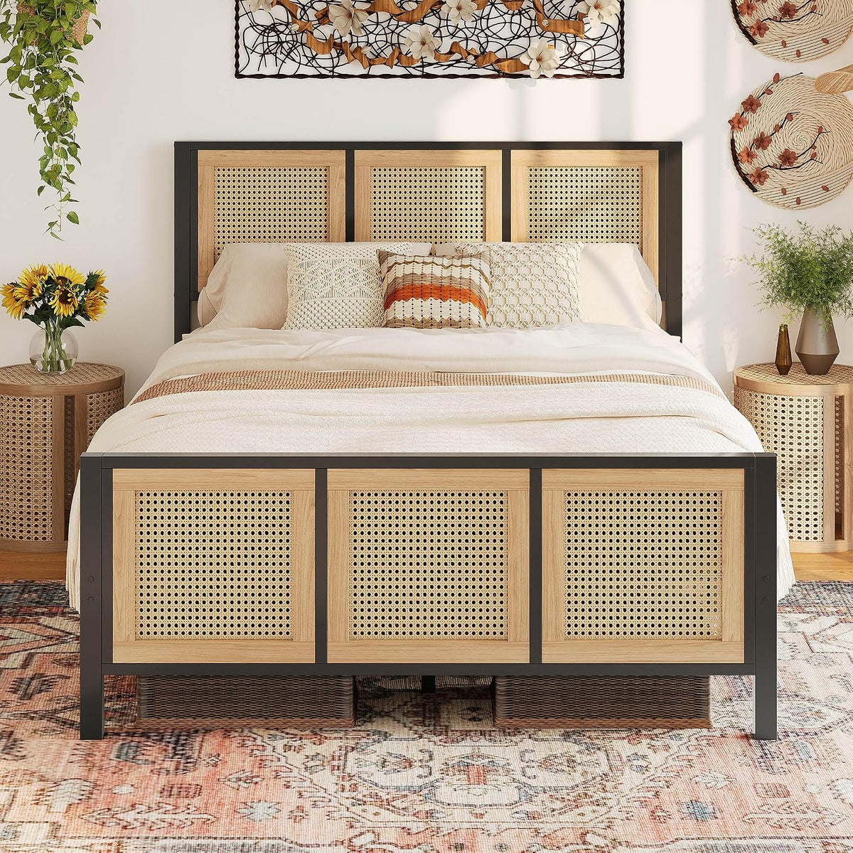 LIKIMIO Queen Bed Frame, Platform Bed Frame with Rattan Headboard