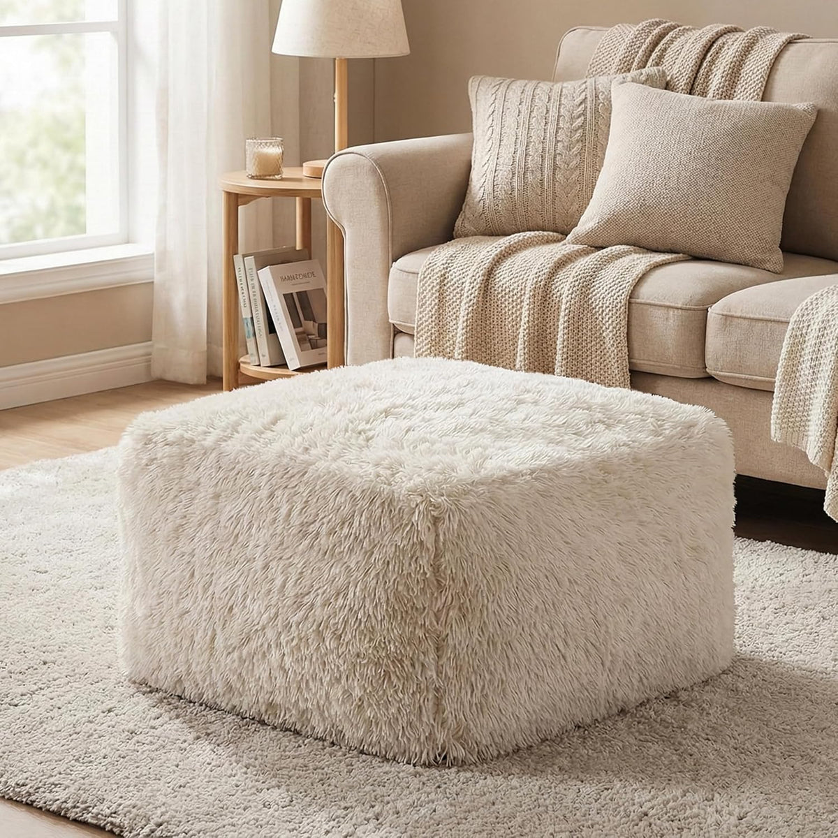 Furniture of America Havyn Modern Faux Fur 1-Seater Square Modular Foam Ottoman, Compressed Couch in a Box, No Assembly Required, for Living Room and Office, Sand