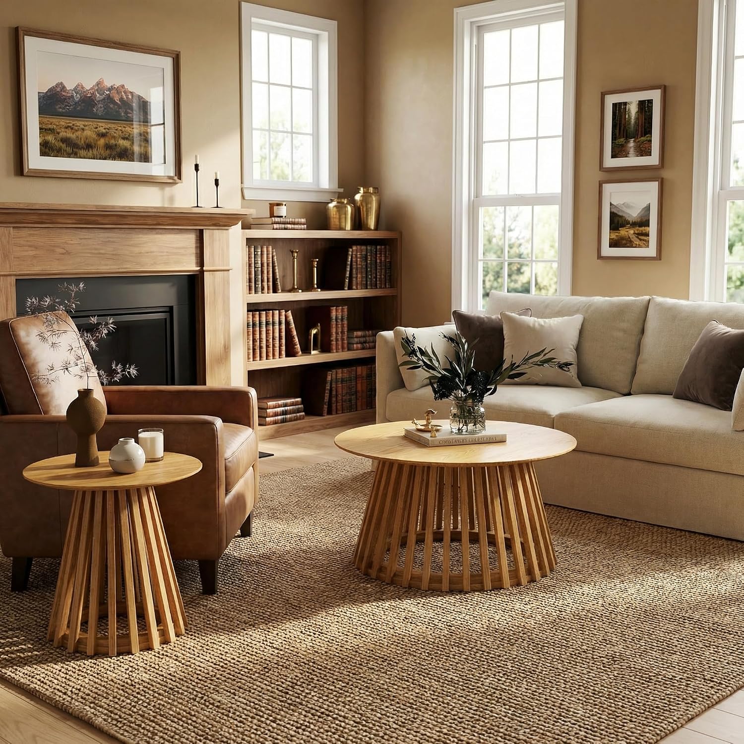 DUOMAY Modern Solid Round Side Table with Geometric Base, Natural Wood Accent End Table Center Table for Living Room, Bedroom, Lounge, Office, Log Color