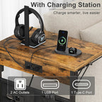 Foldable C-Shaped Table with Charging Station, Folding TV Tray End Table for Small Space, Portable Side Table for Couch, C Table with Storage Bag for Sofa Living Room, Bedroom Rustic Brown SC-005R