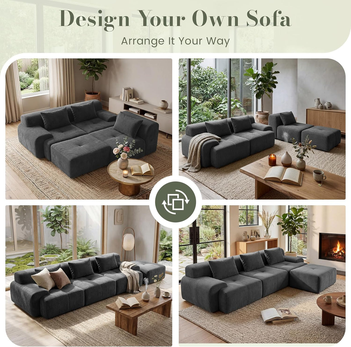 GRUSIGN 118'' Modular Sofa,Sectional Couch for Living Room | Tufted Oversized L Shape Deep Seat Couch with Ottoman & 3 Throw Pillows,Corduroy Cloud Couch,Dark Grey