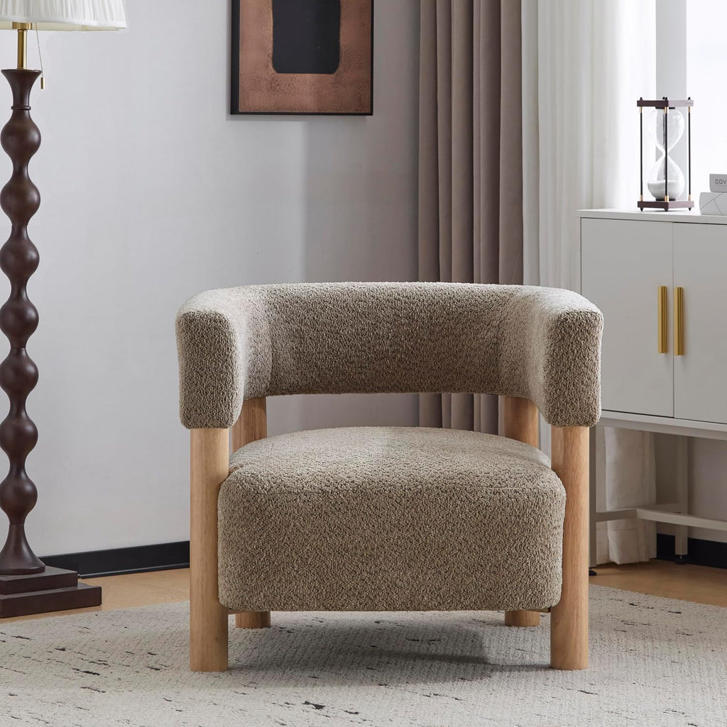 Christopher Knight Home Carly Low Profile Accent Chair, Round Backrest Side Chair, Living Room Armchair with Boucle Fabric Cushion,Comfy Reading Chair for Bedroom,Wooden Single Lounge Sofa,Light Camel