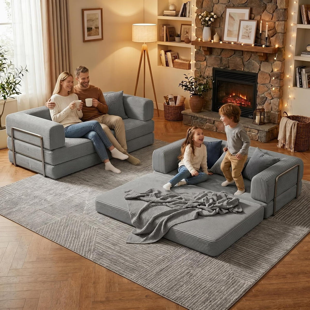 79" 5-in-1 Convertible Sleeper Sofa Bed, No Assembly Corduroy Modular Futon Couch with Fixed Metal Armrests, Compressed in a Box, Pet-Friendly Sofa for Living Room Apartment, Dark Grey