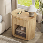 Fluted Nightstand with Charging Station 23.6" Large Round Bedside Table Oak
