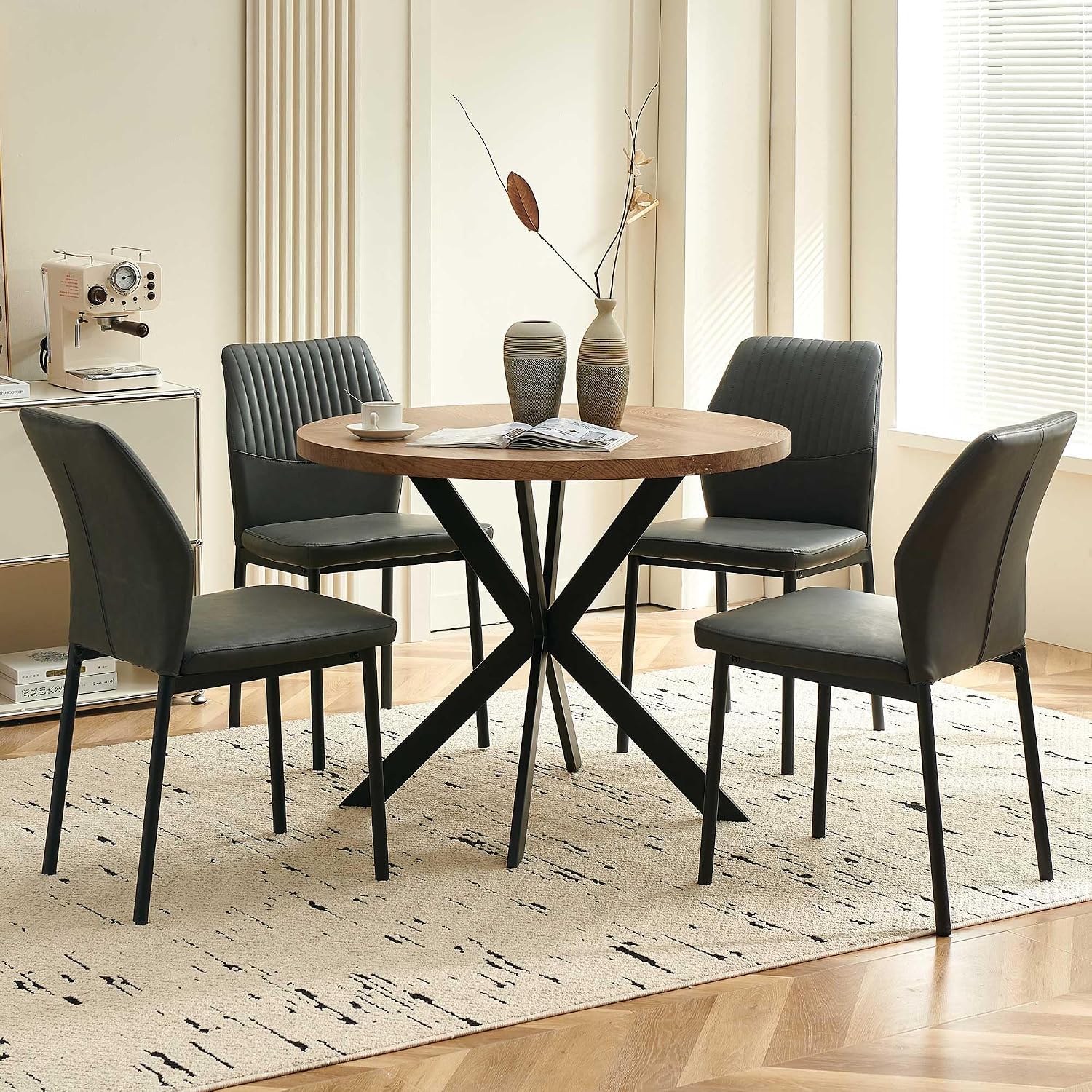 37 Inch Round Dining Table Set for 4, Modern Small Circle Kitchen Coffee Set for Apartment Living Room Office, Save Space(1 Wooden Table+2 Grey PU Leather Chairs)