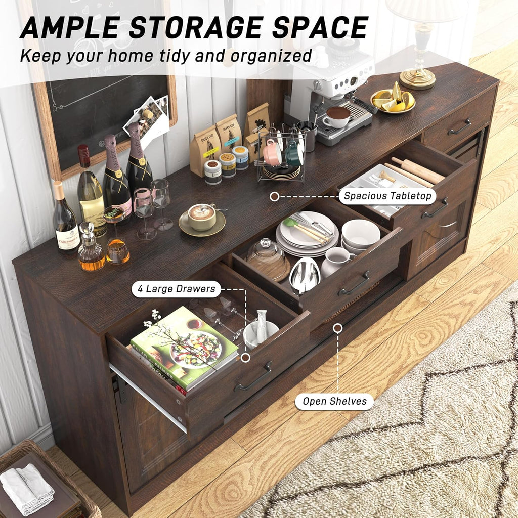 70” Large Buffet Sideboard Cabinet w/4 Drawer,Farmhouse Coffee Bar Cabinet Buffet with Storage,Sliding Door,Long Kitchen Buffet Table,Kitchen Sideboard Cabinet,Credenza for Dining Room,Brown
