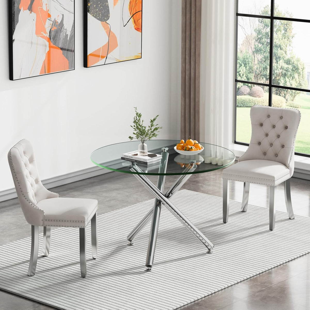 3-Piece Round Glass Dining Table Set for 2, 36" Small Kitchen Table with 2 Velvet Tufted Chairs Modern Silver Glass Dining Room Table Set for Home Kitchen Living Room