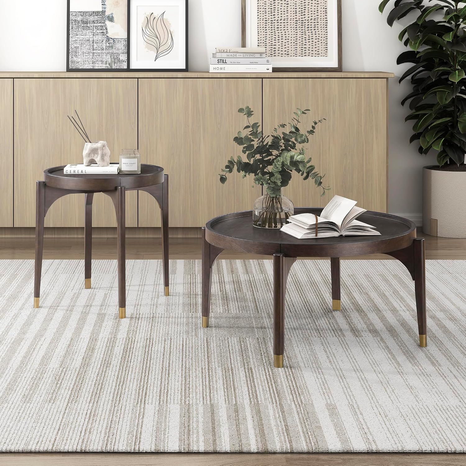 Lexicon Wood Round End Table with Gold Metal Cap, 36" Dia. Mid Century Modern Round Birch Wood Veneer Sofa Side Table for Contemporary Living Room, Easy Assembly, Dark Brown
