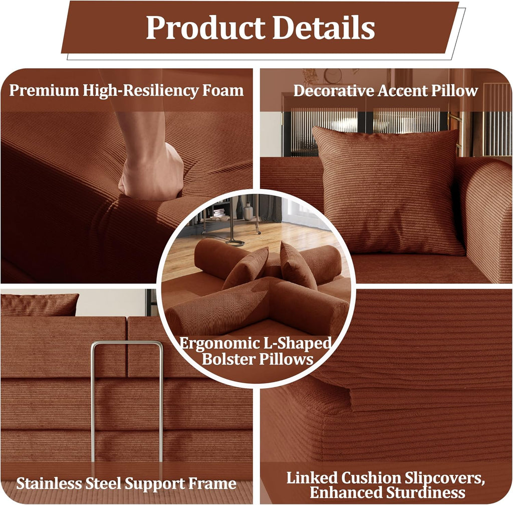 53.15'' Convertible Compressed Corduroy Folding Cloud Sofa Bed, Modern Pull Out Loveseat Sleeper in a Box, 4 in 1 Floor Mattress Futon Cloud Couch, No Assembly Needed, Orange, Pillows, Full