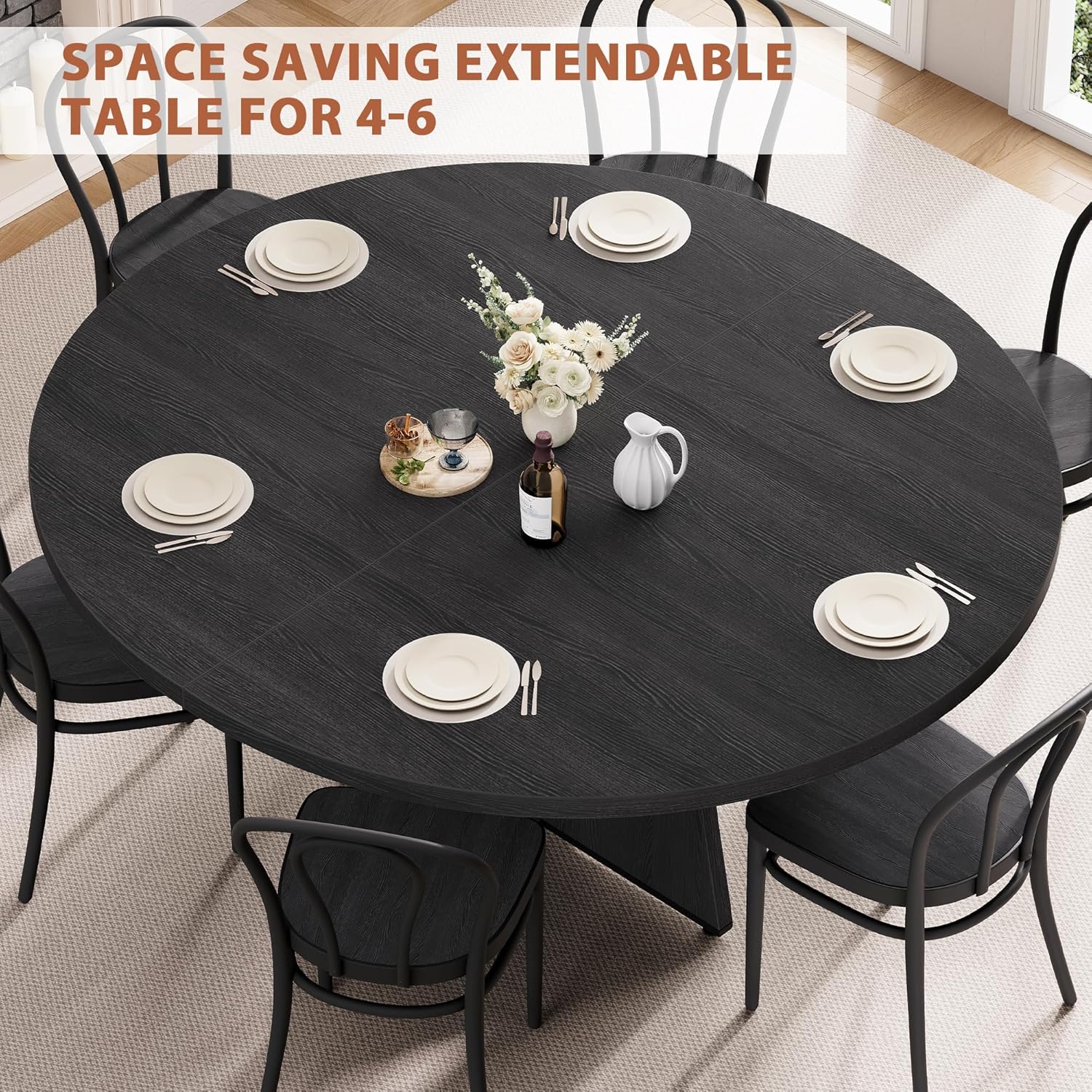 43''–59'' Extendable Dining Table, Round Kitchen Dining Room Dinner Table with for 4 6 8 People, Space Saving Modern Oval Expandale Furniture with Storage and Pedestal for Kitchen Living Room (Black)