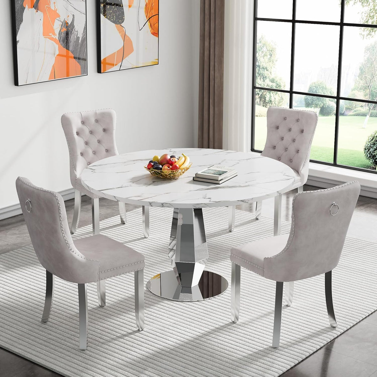 Henf Modern Round Dining Table for 4-6 White Silver 47" Faux Marble Kitchen Table with Diamond-Shape Mirrored Stainless Steel Legs, Contemporary Modern Circle Dining Room Table (Table Only)