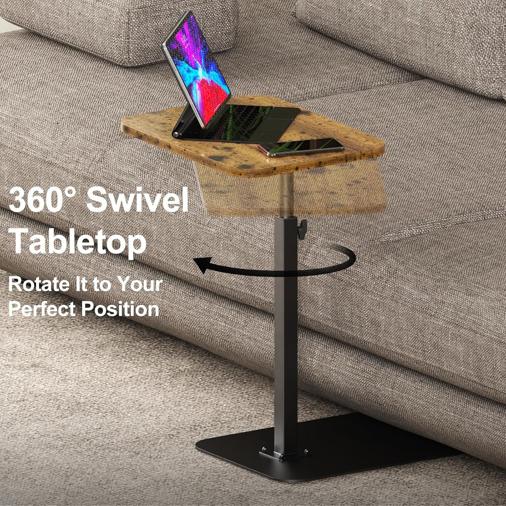 TV Tray Table Adjustable Height Swivel Couch Table with Heavy Metal Base | Slides Under Sofa, C-Shaped Side Table for Living Room, Bedroom, Bathroom, Study, and Small Spaces