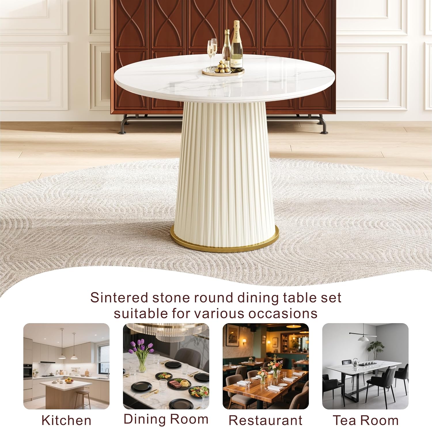 Round Dining Table with Marble Grain Top for 4-6 People,35.43 Inches Dining Room Table with Pleated PU Leather Pedestal Base, Circle Kitchen Tables for Dining Room, Kitchen, Living Room