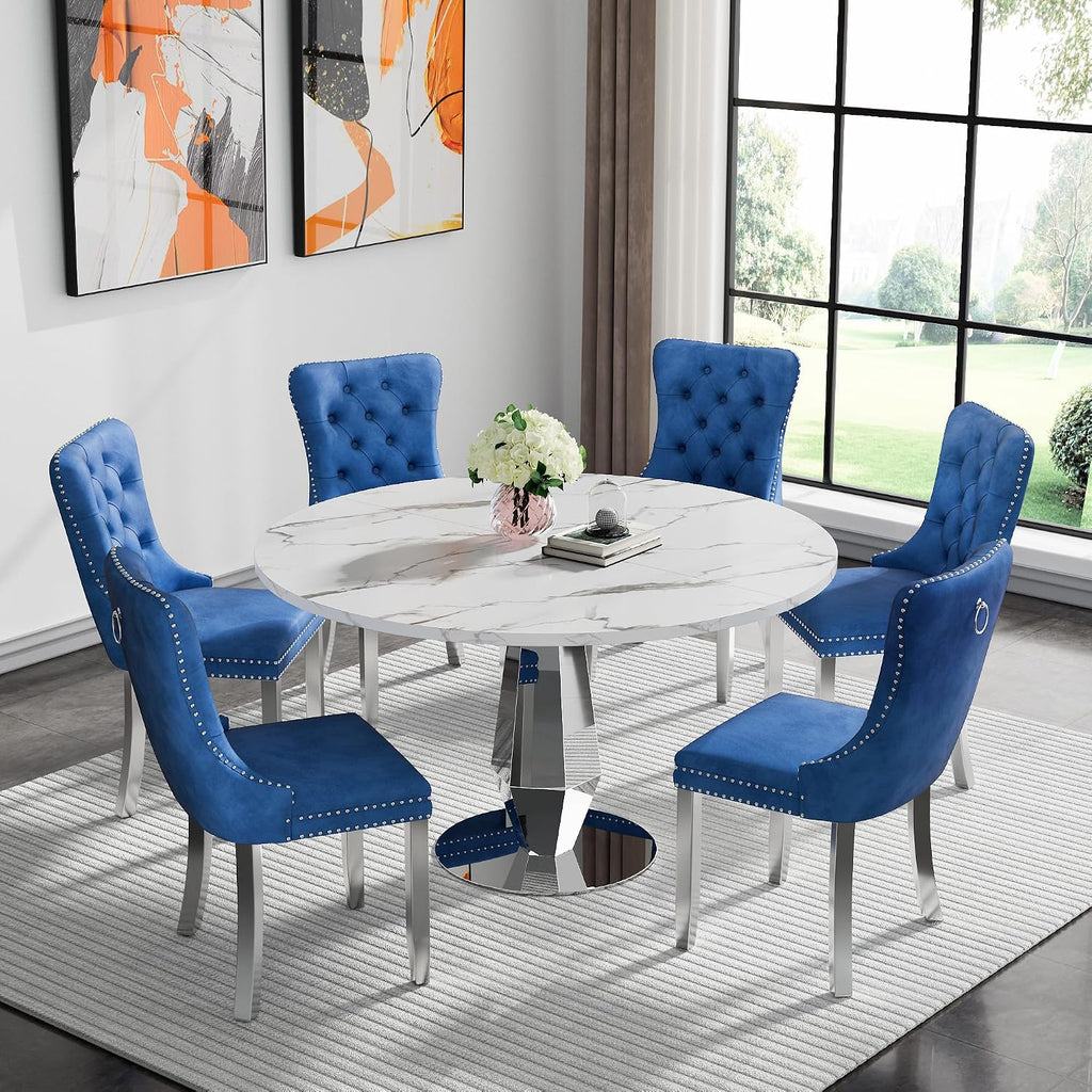 Henf Modern Round Dining Table for 4-6 White Silver 47" Faux Marble Kitchen Table with Diamond-Shape Mirrored Stainless Steel Legs, Contemporary Modern Circle Dining Room Table (Table Only)
