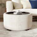 30" Round Ottoman with Storage Circular Coffee Table with Removable Wood Top and Solid Wood Legs Modern Upholstered Ottoman for Living Room Bedroom Apartments White